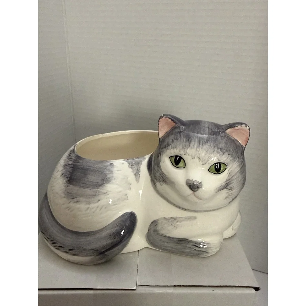 Ceramic Gray & White Cat Planter | Figural Cat Lover Decor | 7